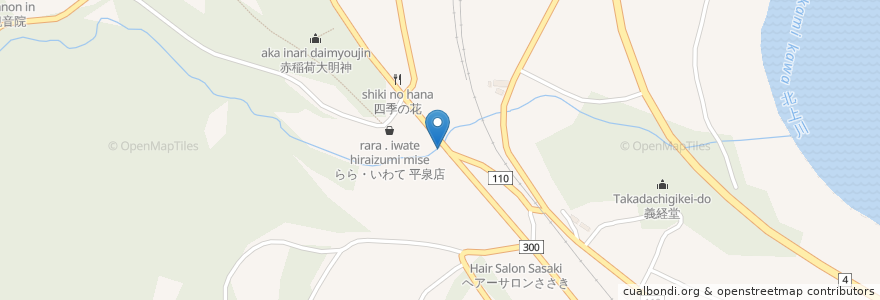 Mapa de ubicacion de 中尊寺簡易郵便局 en Japonya, 岩手県, 西磐井郡, 平泉町.