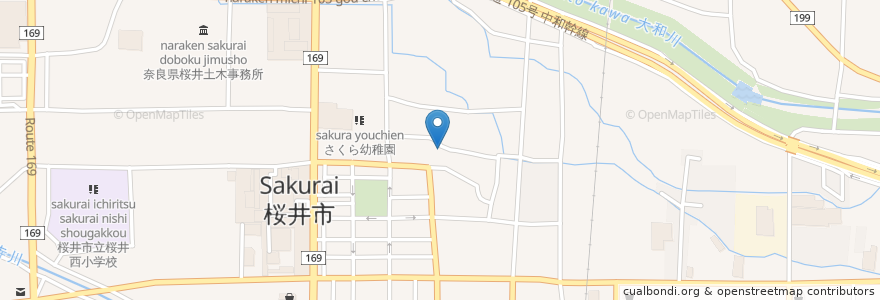 Mapa de ubicacion de 大神神社 en 日本, 奈良県, 桜井市.