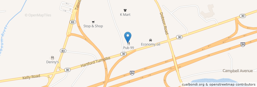 Mapa de ubicacion de Pub 99 en ایالات متحده آمریکا, Connecticut, Tolland County, Vernon.