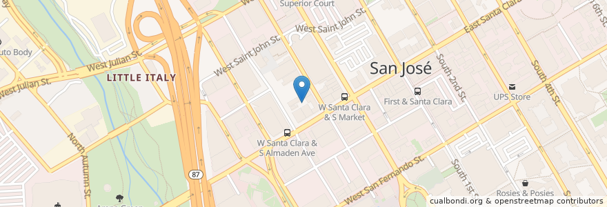 Mapa de ubicacion de Theatre on San Pedro Square en アメリカ合衆国, カリフォルニア州, Santa Clara County, San Jose.