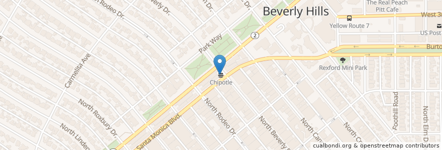 Mapa de ubicacion de Chipotle en 美利坚合众国/美利堅合眾國, 加利福尼亚州/加利福尼亞州, 洛杉矶县, 洛杉矶, Beverly Hills.
