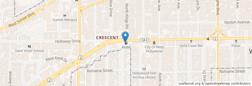 Mapa de ubicacion de Mobil en 미국, 캘리포니아주, Los Angeles County, 로스앤젤레스, West Hollywood.