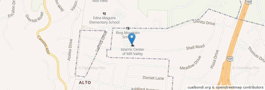 Mapa de ubicacion de Islamic Center of Mill Valley en 미국, 캘리포니아주, Marin County, Mill Valley.