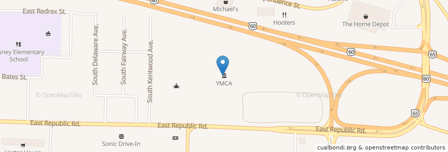 Mapa de ubicacion de YMCA en Amerika Syarikat, Missouri, Greene County, Springfield.