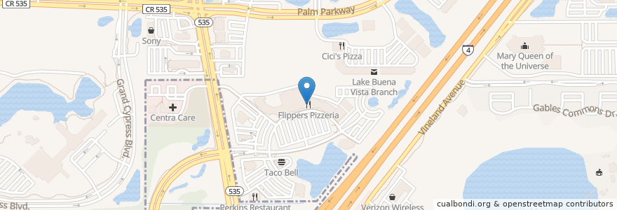 Mapa de ubicacion de Flippers Pizzeria en アメリカ合衆国, フロリダ州, オレンジ郡 (フロリダ州).
