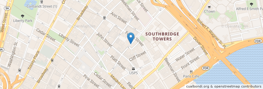 Mapa de ubicacion de bocadillo en 美利坚合众国/美利堅合眾國, 纽约州 / 紐約州, 纽约, 纽约县, Manhattan Community Board 1, Manhattan.