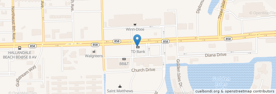 Mapa de ubicacion de TD Bank en 미국, 플로리다주, Broward County, Hallandale Beach.