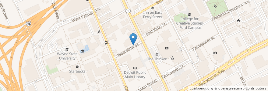 Mapa de ubicacion de Kirby St & Woodward Ave en Estados Unidos Da América, Michigan, Wayne County, Detroit.