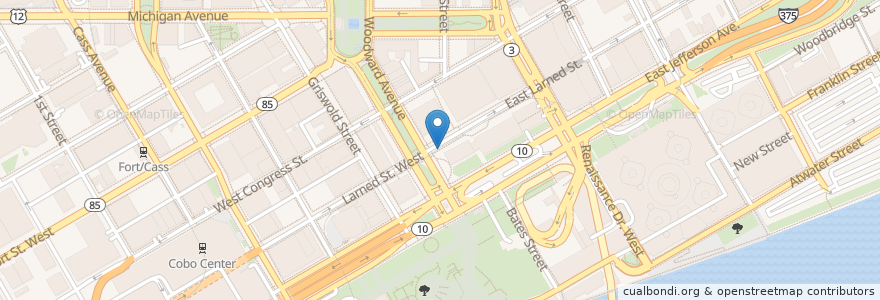 Mapa de ubicacion de Larned St & Woodward Ave en Amerika Birleşik Devletleri, Michigan, Detroit.