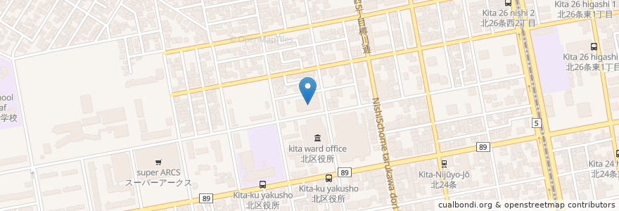 Mapa de ubicacion de 札幌市北区民センター en Japón, Prefectura De Hokkaidō, 石狩振興局, Sapporo, 北区.