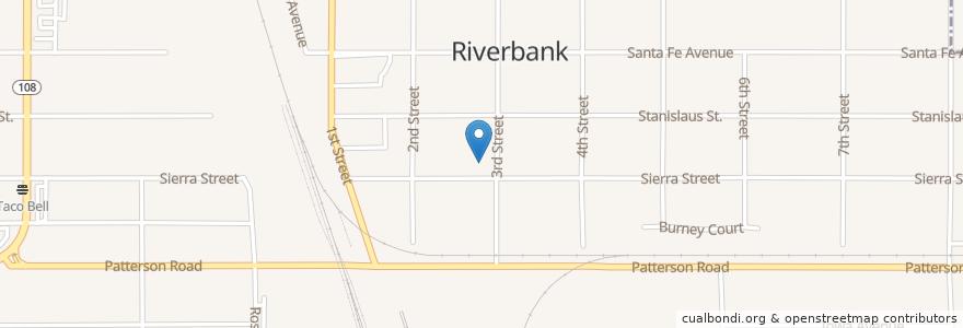 Mapa de ubicacion de Riverbank post office en الولايات المتّحدة الأمريكيّة, كاليفورنيا, Stanislaus County, ريفيربانك، ستانيسلاوس، كاليفورنيا.