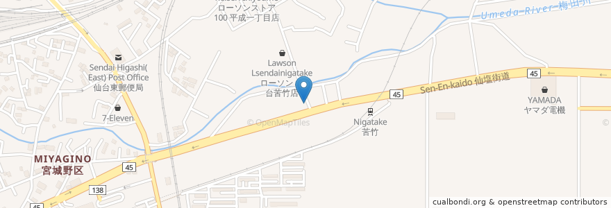 Mapa de ubicacion de 苦竹屋台 狸村 en Japan, Präfektur Miyagi, 仙台市, 宮城野区.
