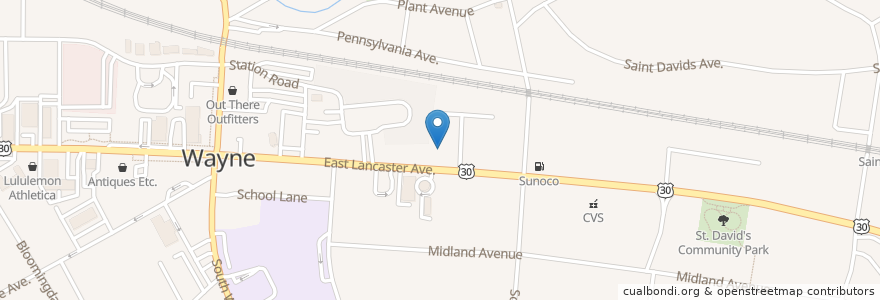 Mapa de ubicacion de Così en アメリカ合衆国, ペンシルベニア州, Delaware County, Radnor Township.