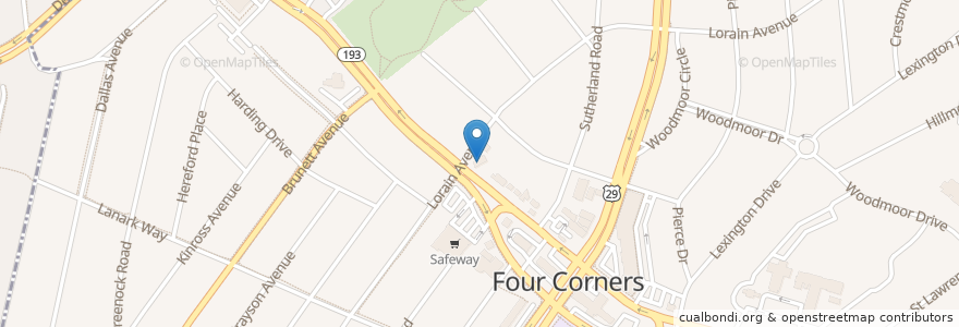 Mapa de ubicacion de Four Corners Animal Hospital en 미국, 메릴랜드, Montgomery County, Silver Spring.