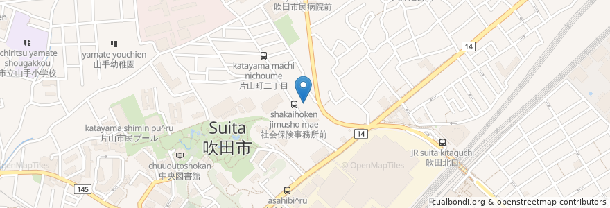 Mapa de ubicacion de 東駐車場 en 日本, 大阪府, 吹田市.