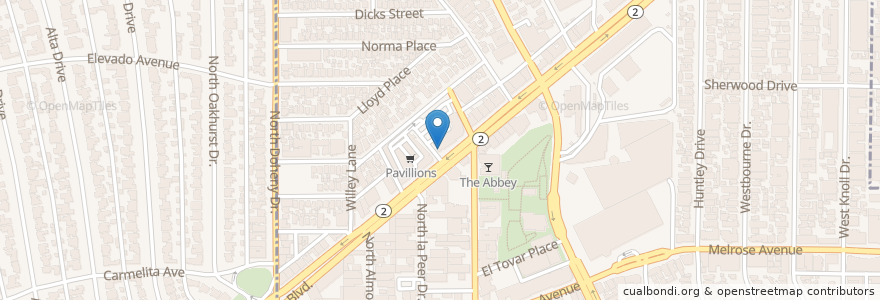 Mapa de ubicacion de Rori's Artisanal Creamery en Соединённые Штаты Америки, Калифорния, Los Angeles County, Лос-Анджелес, West Hollywood.
