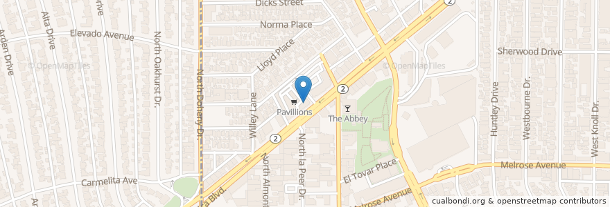Mapa de ubicacion de Starbucks en 미국, 캘리포니아주, Los Angeles County, 로스앤젤레스, West Hollywood.
