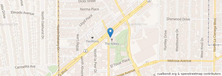 Mapa de ubicacion de The Chapel at The Abbey en アメリカ合衆国, カリフォルニア州, Los Angeles County, ロサンゼルス, West Hollywood.