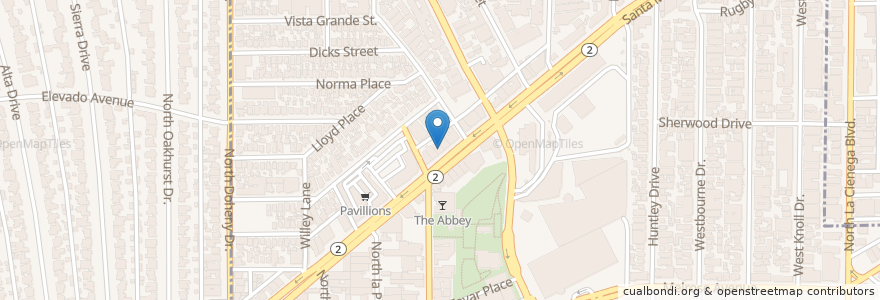 Mapa de ubicacion de Greenwich Village Pizza en アメリカ合衆国, カリフォルニア州, Los Angeles County, ロサンゼルス, West Hollywood.