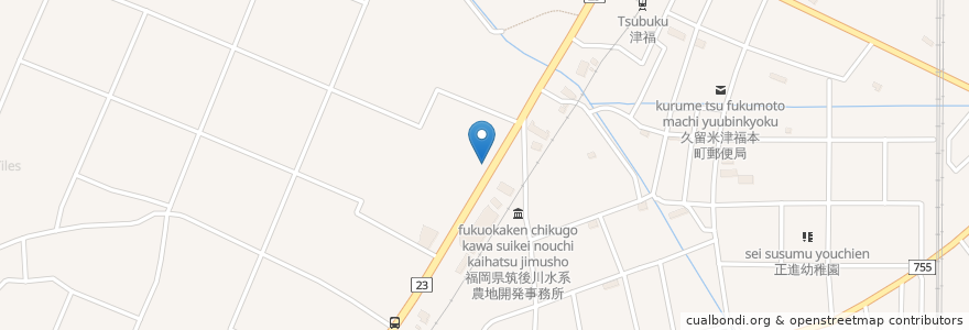 Mapa de ubicacion de 人力うどん en Japón, Prefectura De Fukuoka, 久留米市.