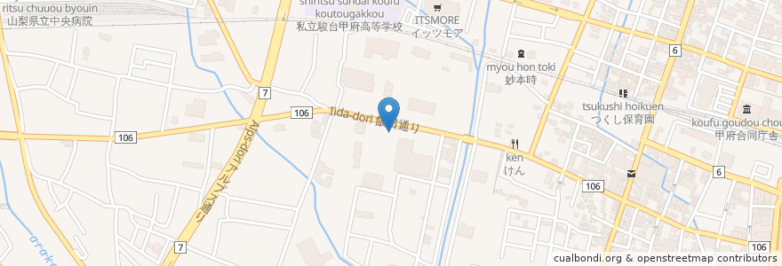 Mapa de ubicacion de 焼肉きんぐ en Japão, 山梨県, 甲府市.
