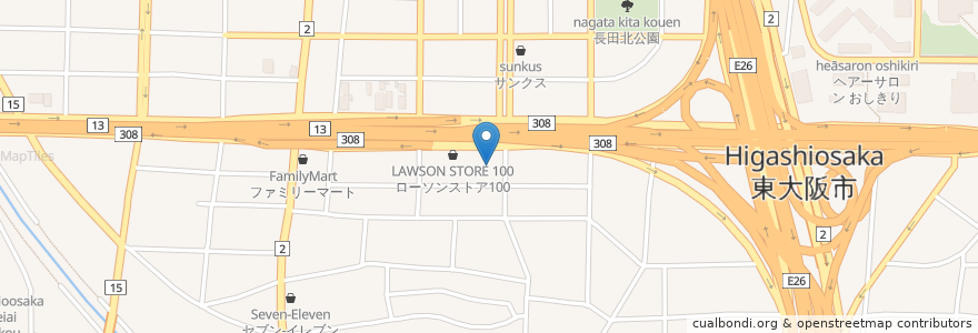 Mapa de ubicacion de CoCo壱番屋 en 日本, 大阪府, 東大阪市.