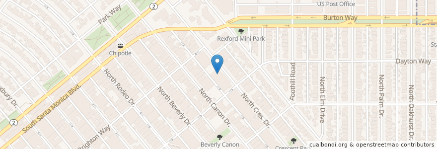 Mapa de ubicacion de Tutto Bene en アメリカ合衆国, カリフォルニア州, Los Angeles County, ロサンゼルス, Beverly Hills.