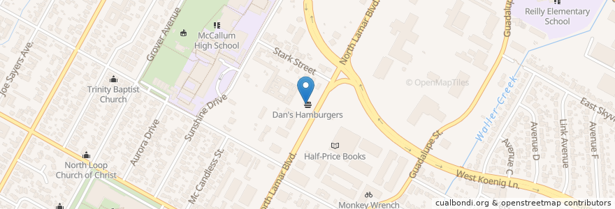 Mapa de ubicacion de Dan's Hamburgers en Amerika Birleşik Devletleri, Teksas, Travis County, Austin.