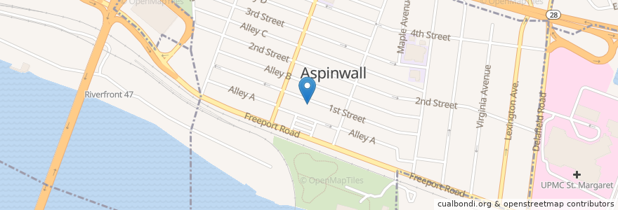 Mapa de ubicacion de Aspinwall Volunteer Fire Department en アメリカ合衆国, ペンシルベニア州, Allegheny County, Pittsburgh, Aspinwall.