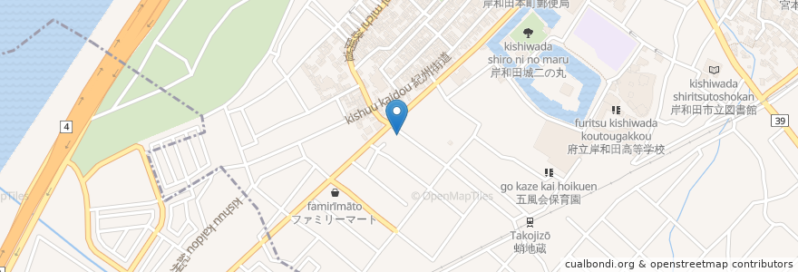Mapa de ubicacion de 一品料理 揺籃 en 日本, 大阪府, 岸和田市.
