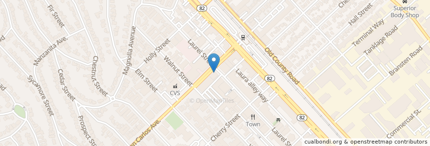 Mapa de ubicacion de Blue Line Pizza en United States, California, San Mateo County, San Carlos.