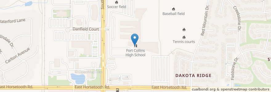 Mapa de ubicacion de Fort Collins High School en Amerika Birleşik Devletleri, Kolorado, Larimer County, Fort Collins.