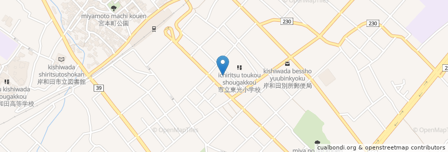 Mapa de ubicacion de ダイキチ手打ちうどん 南海岸和田店 en Japão, 大阪府, 岸和田市.