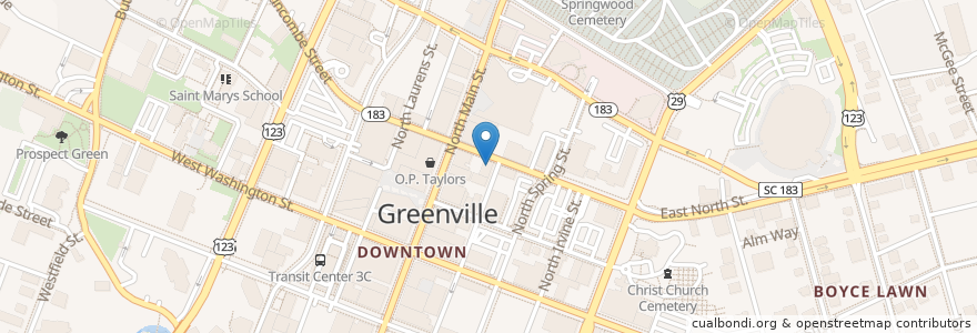 Mapa de ubicacion de Maple Street Biscuit Company en الولايات المتّحدة الأمريكيّة, كارولاينا الجنوبية, Greenville County, Greenville.