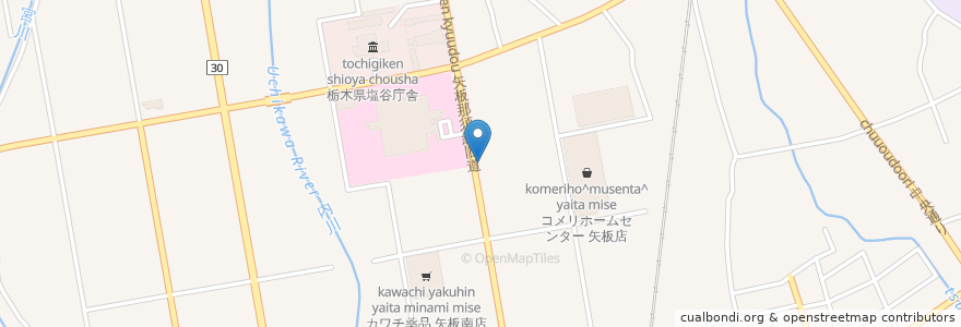 Mapa de ubicacion de ココス en Jepun, 栃木県, 矢板市.