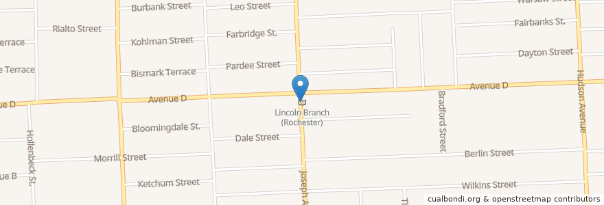 Mapa de ubicacion de Lincoln Branch (Rochester) en الولايات المتّحدة الأمريكيّة, نيويورك, Monroe County, Rochester.