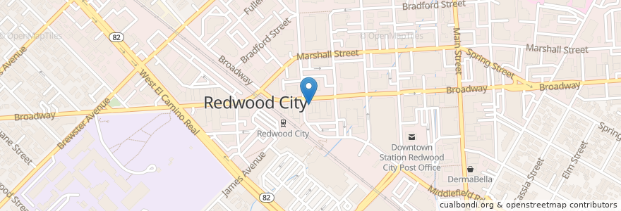 Mapa de ubicacion de Broadway Masala en United States, California, San Mateo County, Redwood City.