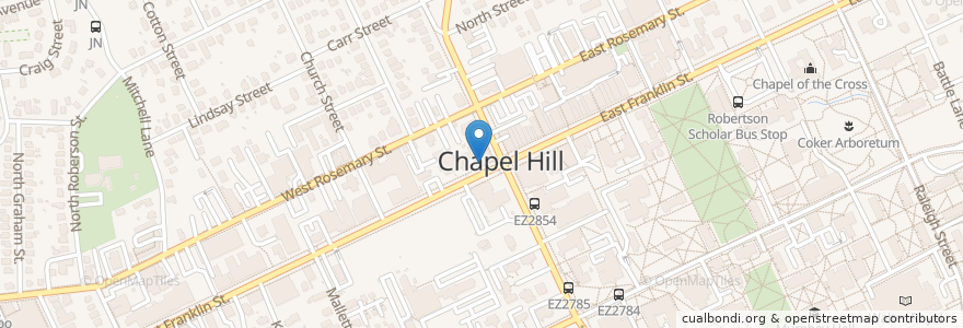 Mapa de ubicacion de Trolly Stop Hot Dogs en アメリカ合衆国, ノースカロライナ州, Orange County, Chapel Hill.