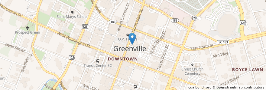 Mapa de ubicacion de Coffee Underground en Amerika Birleşik Devletleri, Güney Karolina, Greenville County, Greenville.