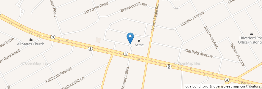 Mapa de ubicacion de Krispy Kreme en 美利坚合众国/美利堅合眾國, 宾夕法尼亚 / 賓夕法尼亞州, Delaware County, Haverford Township.