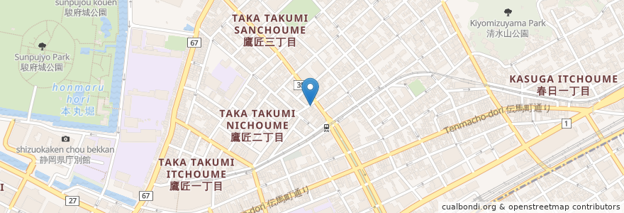 Mapa de ubicacion de 鷹匠町駐車場 en 일본, 시즈오카현, 시즈오카시, 葵区.