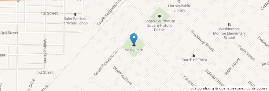 Mapa de ubicacion de Scully Park Fountain en United States, Illinois, Logan County, Lincoln.
