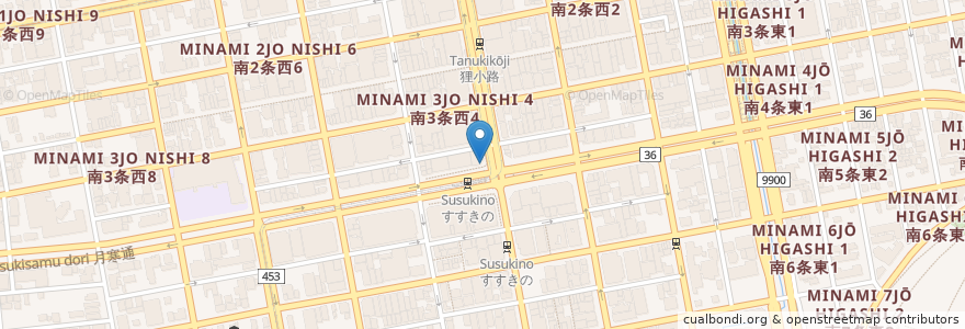 Mapa de ubicacion de 夜空のジンギスカン en Япония, Хоккайдо, Округ Исикари, Саппоро, Тюо.