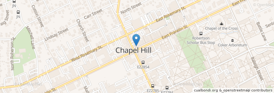 Mapa de ubicacion de Starbucks en アメリカ合衆国, ノースカロライナ州, Orange County, Chapel Hill.