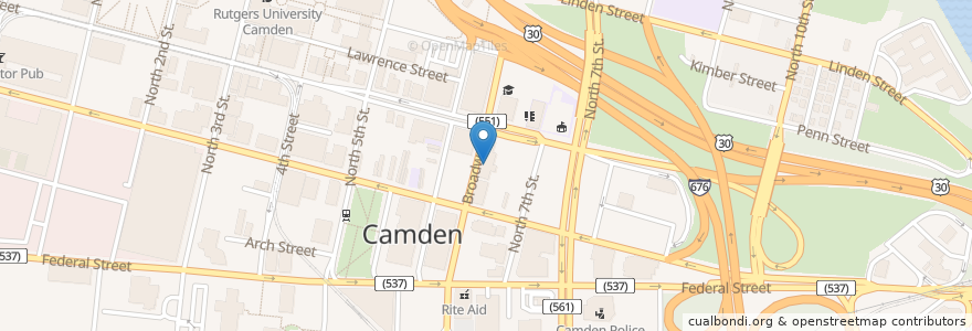 Mapa de ubicacion de Camden Center for Law & Social Justice en 美利坚合众国/美利堅合眾國, 新泽西州 / 新澤西州 / 紐澤西州, Camden County, Camden.