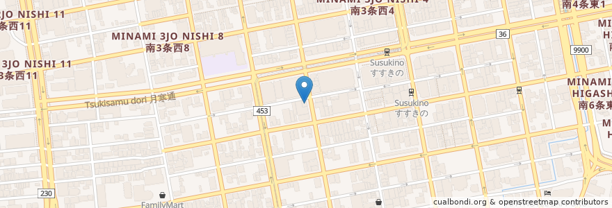 Mapa de ubicacion de すすきの食堂 en Japan, Präfektur Hokkaido, 石狩振興局, 札幌市, 中央区.