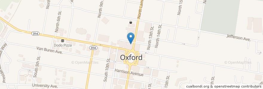Mapa de ubicacion de The Blind Pig Pub en 미국, 미시시피, Lafayette County, Oxford.