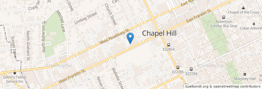 Mapa de ubicacion de Hops Burger Bar en アメリカ合衆国, ノースカロライナ州, Orange County, Chapel Hill.