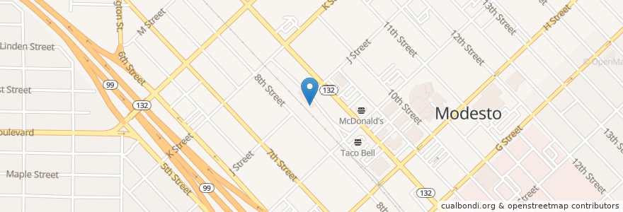 Mapa de ubicacion de Modesto Greyhound Bus Stop en アメリカ合衆国, カリフォルニア州, Stanislaus County, Modesto.