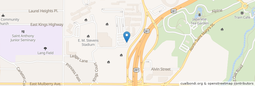 Mapa de ubicacion de Stadium Drive at Jesse Jones Rec Area SWell Cycle en الولايات المتّحدة الأمريكيّة, تكساس, مقاطعة بيكسار, سان أنطونيو.